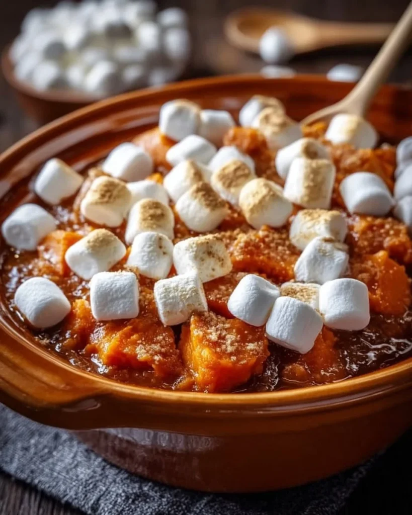 Crock Pot Sweet Potato Casserole topped with Marshmallows in a serving dish.
