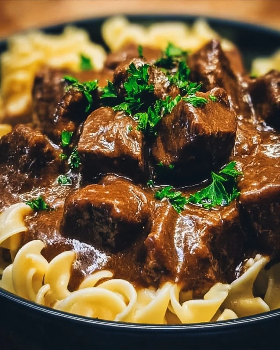 Delicious crockpot beef tips served with noodles in a creamy sauce.