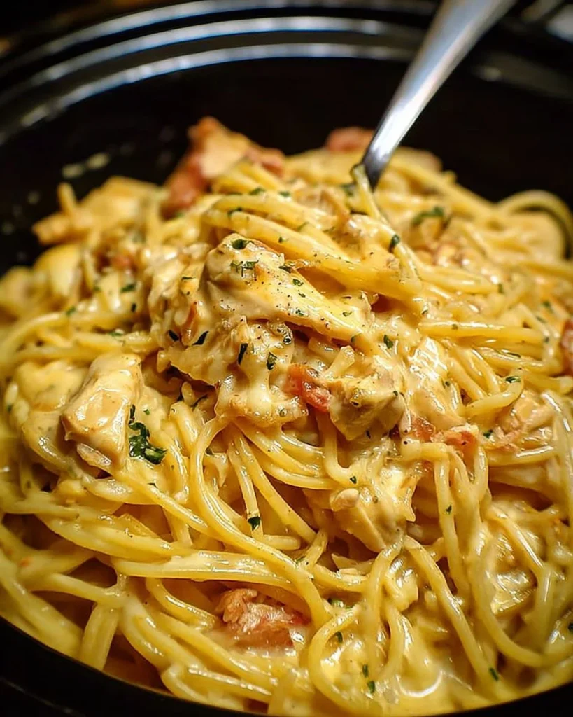 Crockpot Cheesy Chicken Spaghetti served in a bowl with cheese and herbs.