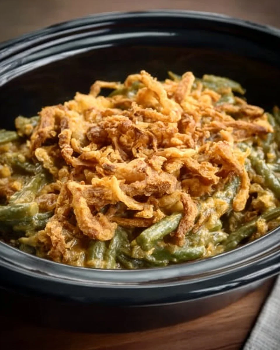 Crockpot Green Bean Casserole served in a bowl, garnished with crispy onions.
