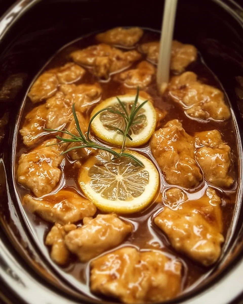 Crockpot Lemon Chicken served with herbs and lemon slices