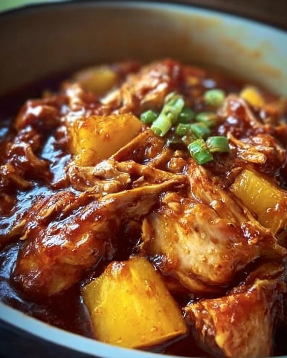 Crockpot Pineapple BBQ Chicken served on a plate with fresh herbs