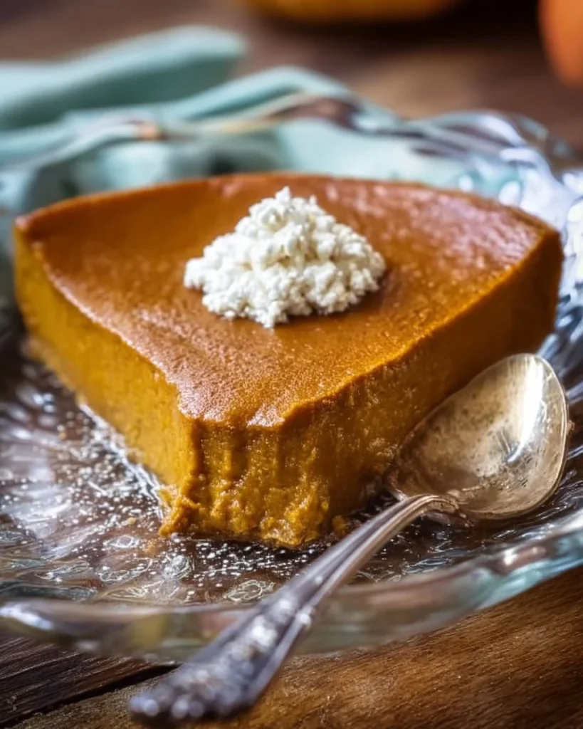 Delicious crustless pumpkin pie served on a plate, perfect for dessert.