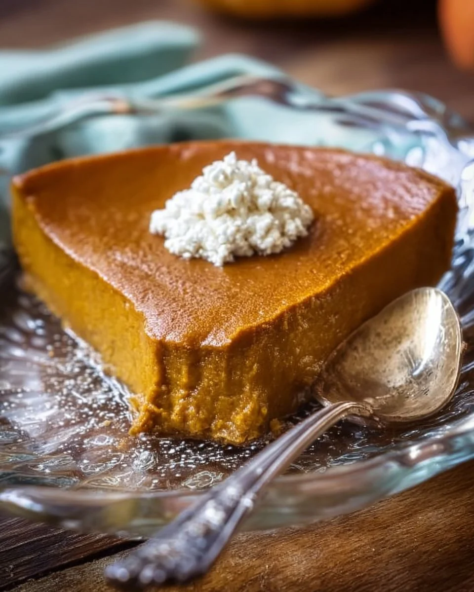 Delicious crustless pumpkin pie served on a plate, perfect for dessert.