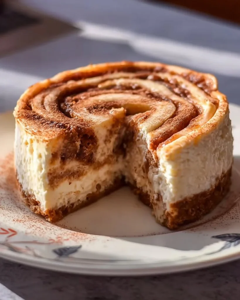 Decadent cinnamon roll cheesecake topped with swirls of cinnamon and cream cheese frosting