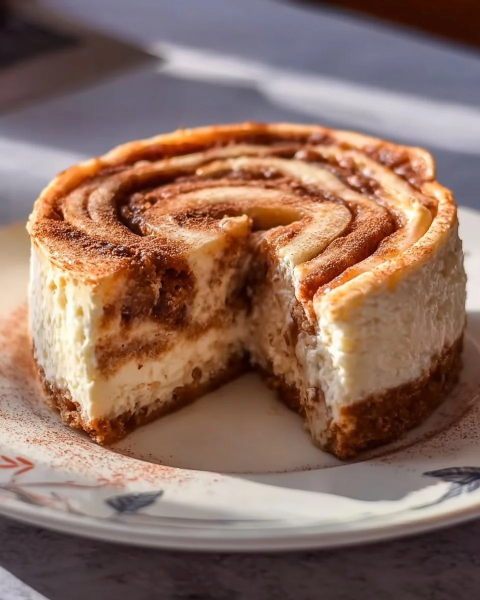 Decadent cinnamon roll cheesecake topped with swirls of cinnamon and cream cheese frosting