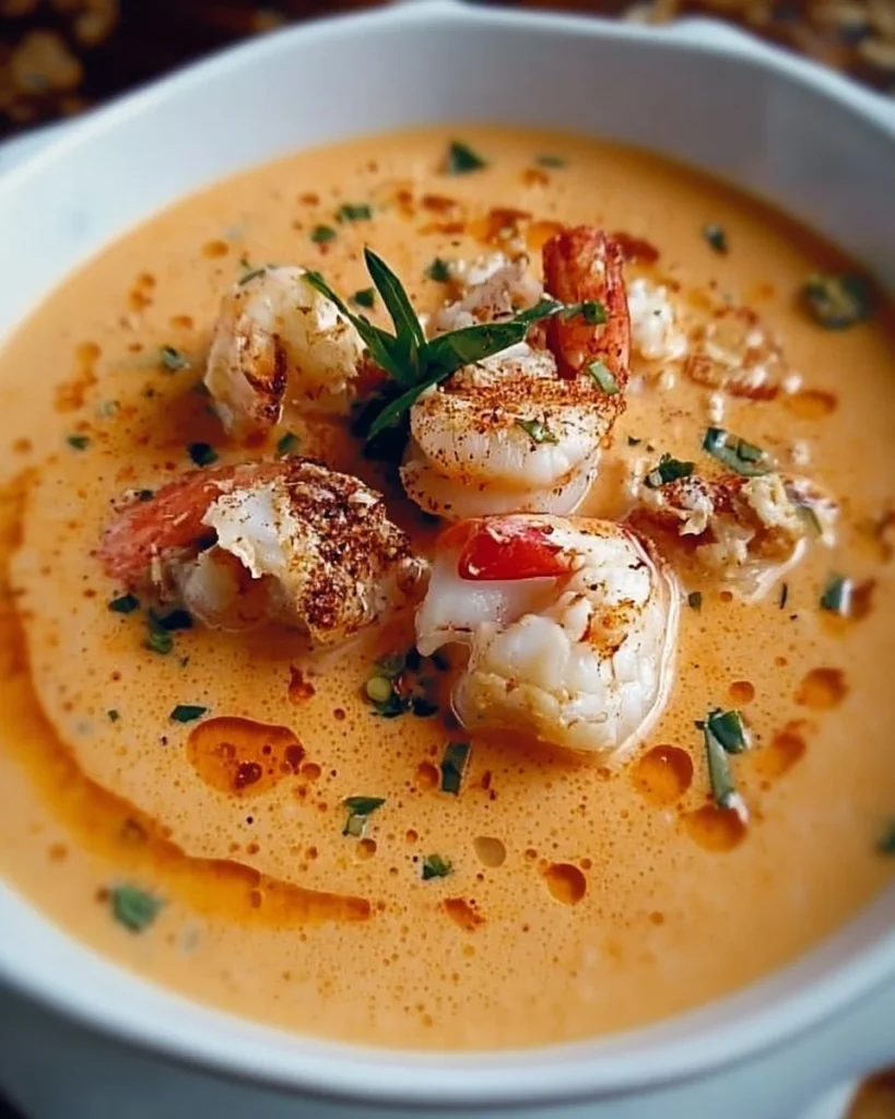 Decadent creamy crab and shrimp bisque served in a bowl