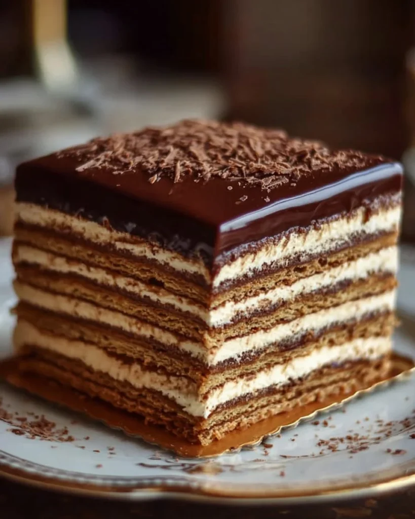 Decadent Opera Cake with layers of coffee, chocolate, and almond flavors