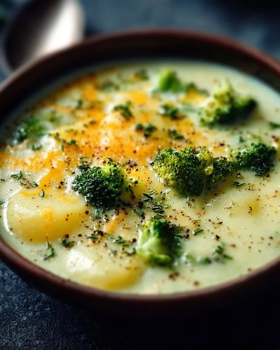 Bowl of delicious broccoli potato soup garnished with herbs