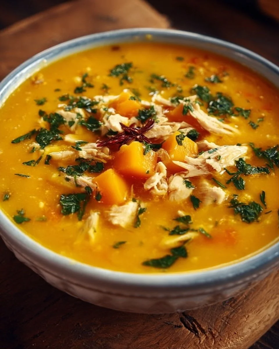 Bowl of delicious chicken and butternut squash soup garnished with herbs