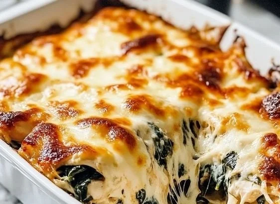 Delicious chicken and spinach casserole ready for a busy weeknight dinner