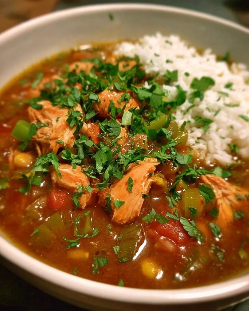 Bowl of Delicious Chicken Gumbo with vegetables and chicken garnished with herbs