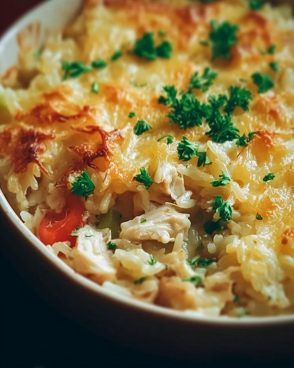 Delicious chicken rice casserole dish served in a bowl, perfect for busy weeknights.