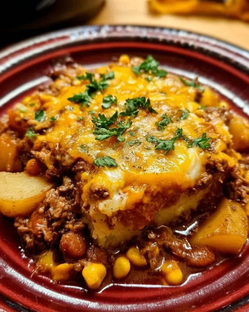 A hearty cowboy casserole loaded with ground beef, corn, and cheese.