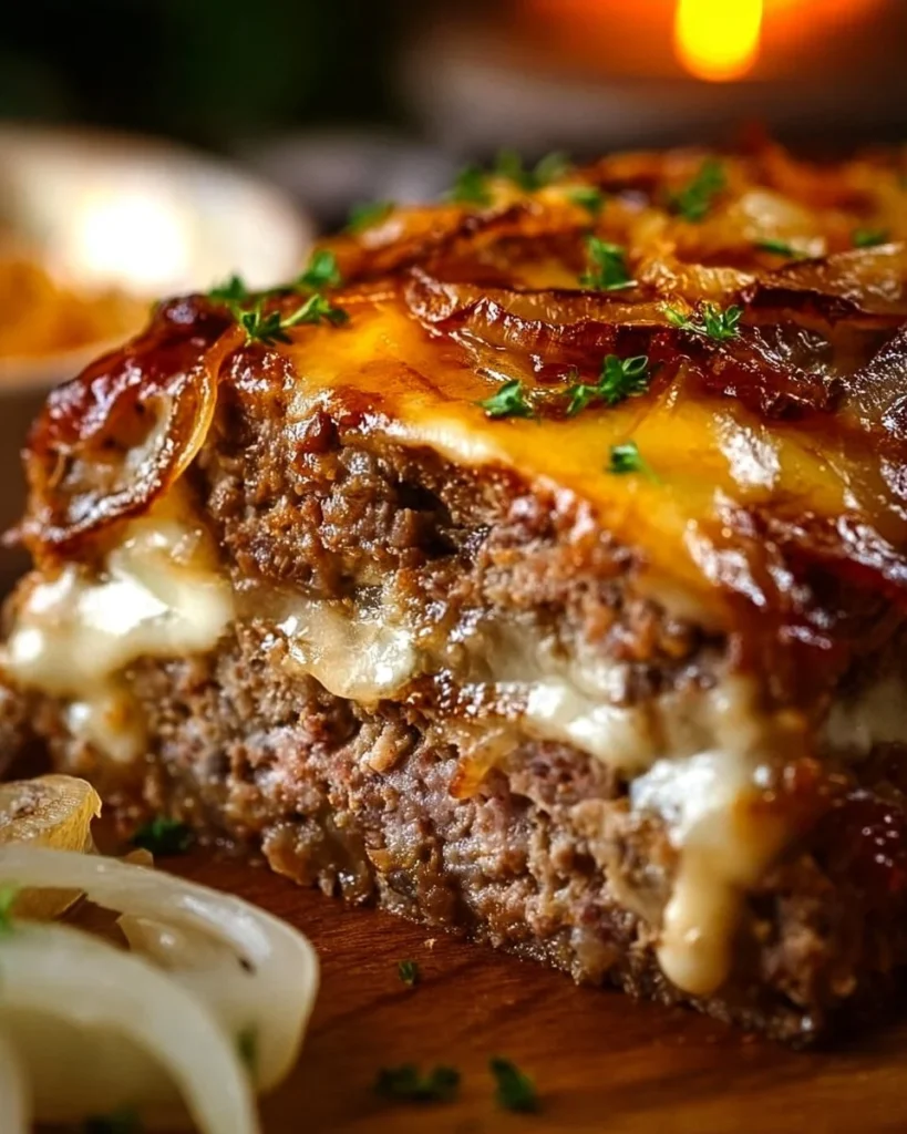 Delicious French onion soup meatloaf topped with melted Swiss cheese