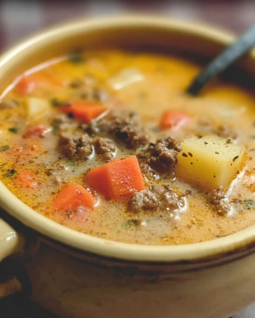 A bowl of delicious hamburger soup garnished with fresh herbs.