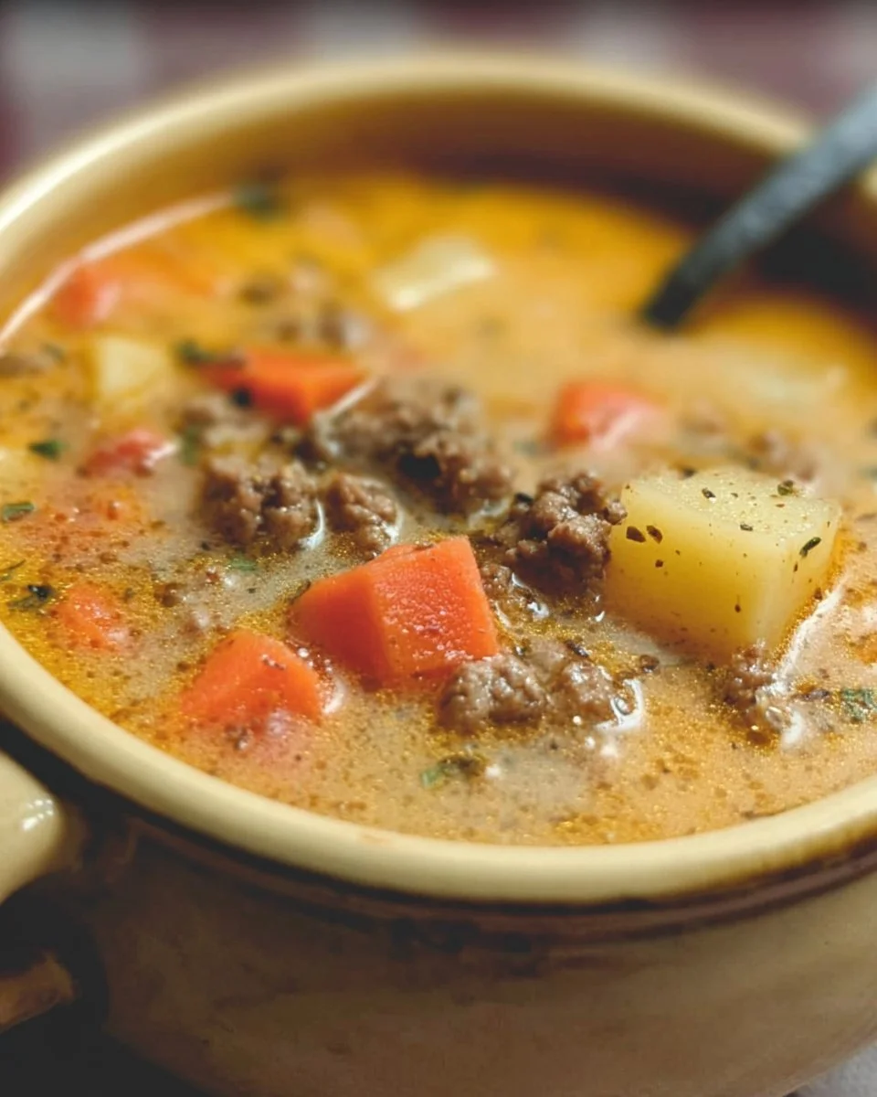 A bowl of delicious hamburger soup garnished with fresh herbs.