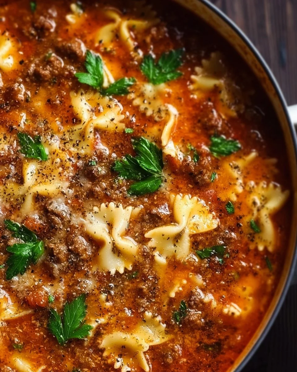 Bowl of delicious lasagna soup with layers of pasta, cheese, and herbs