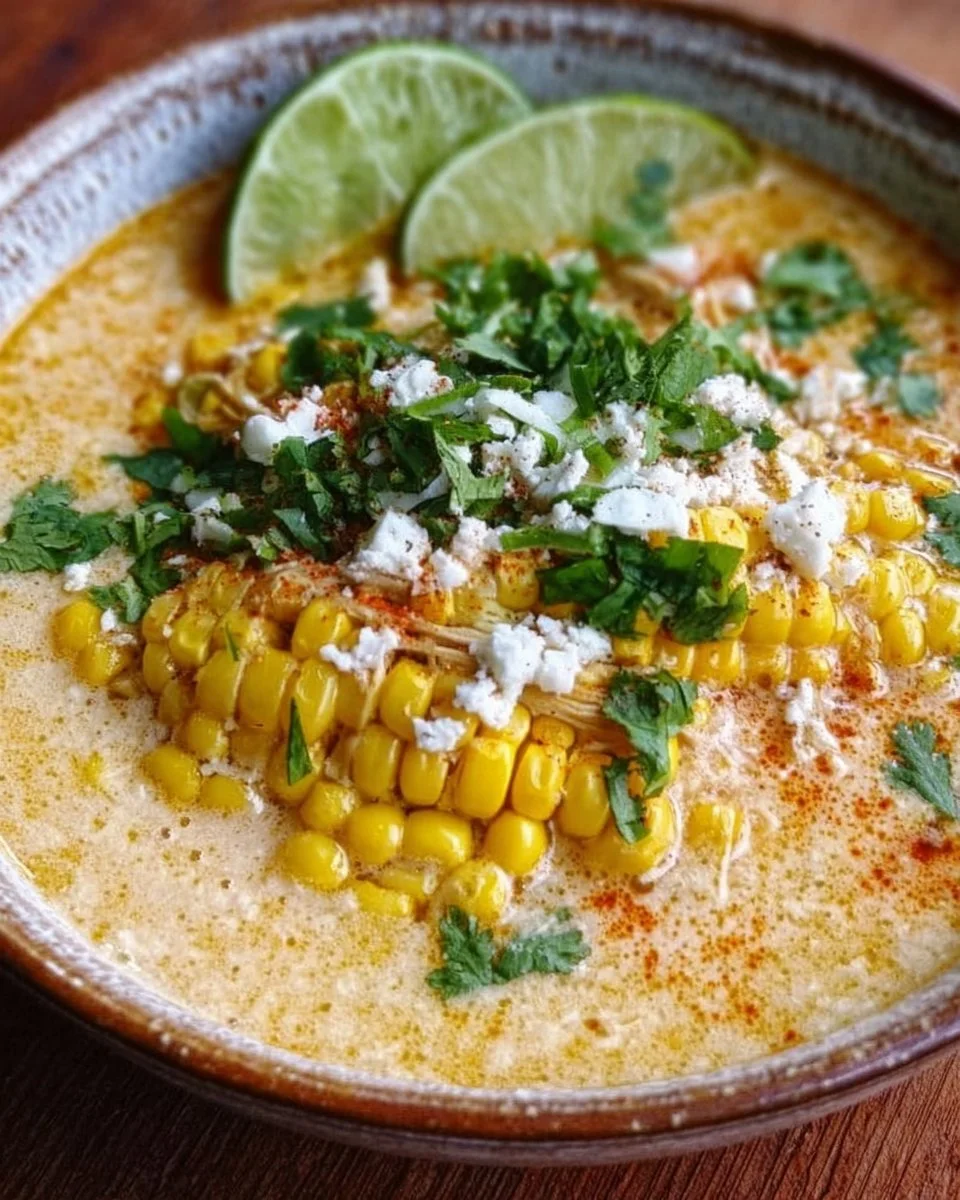 Bowl of Delicious Mexican Street Corn Soup topped with cilantro and lime