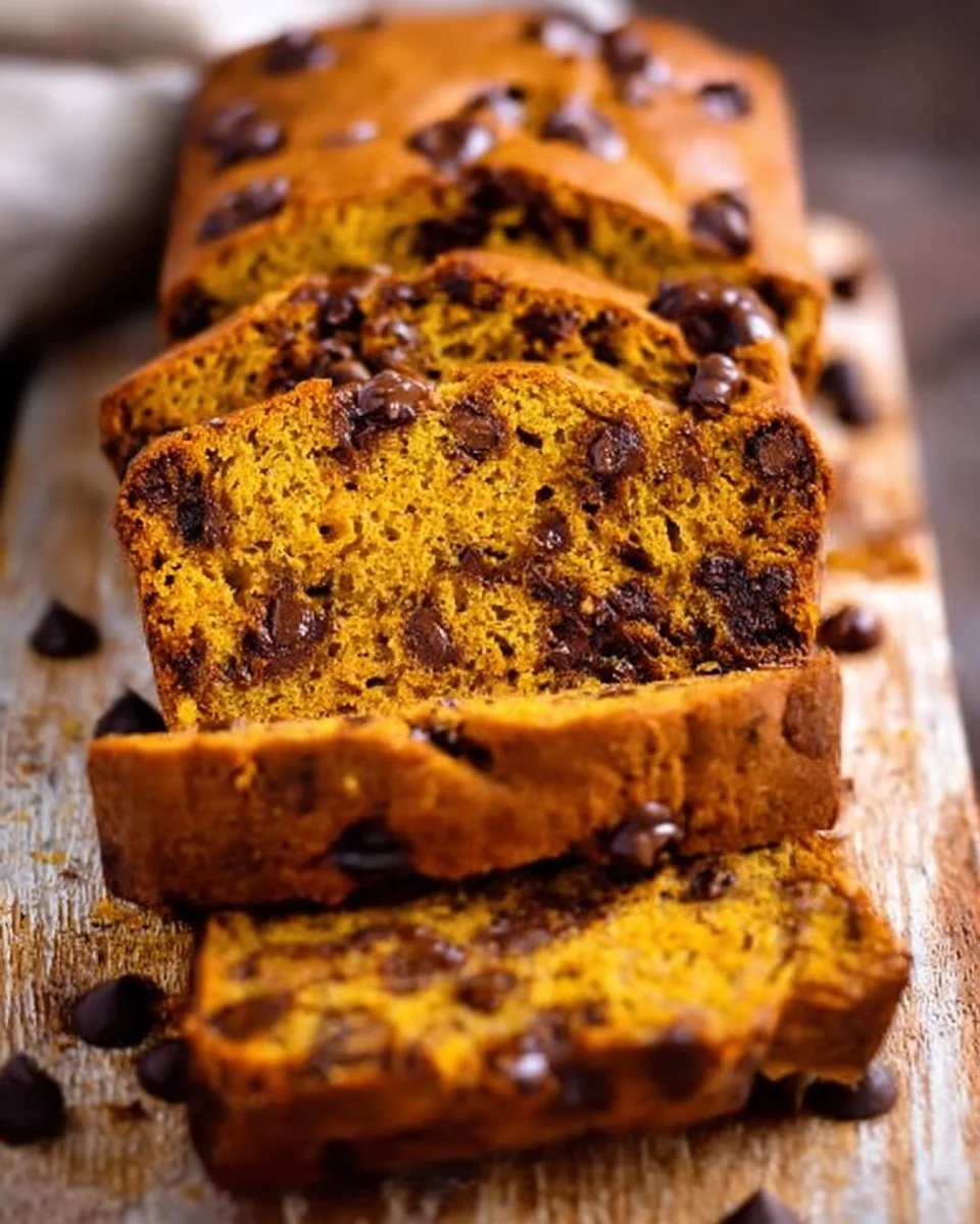 Freshly baked pumpkin chocolate chip bread on a wooden table
