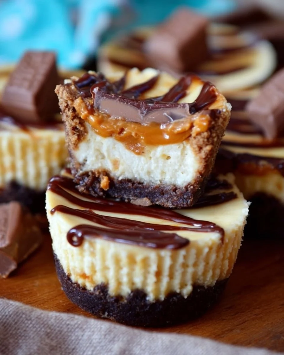Delicious Reeses Mini Cheesecakes topped with chocolate and peanut butter.