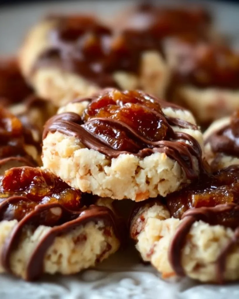 Baked Turtle Thumbprint Cookies with caramel and chocolate topping