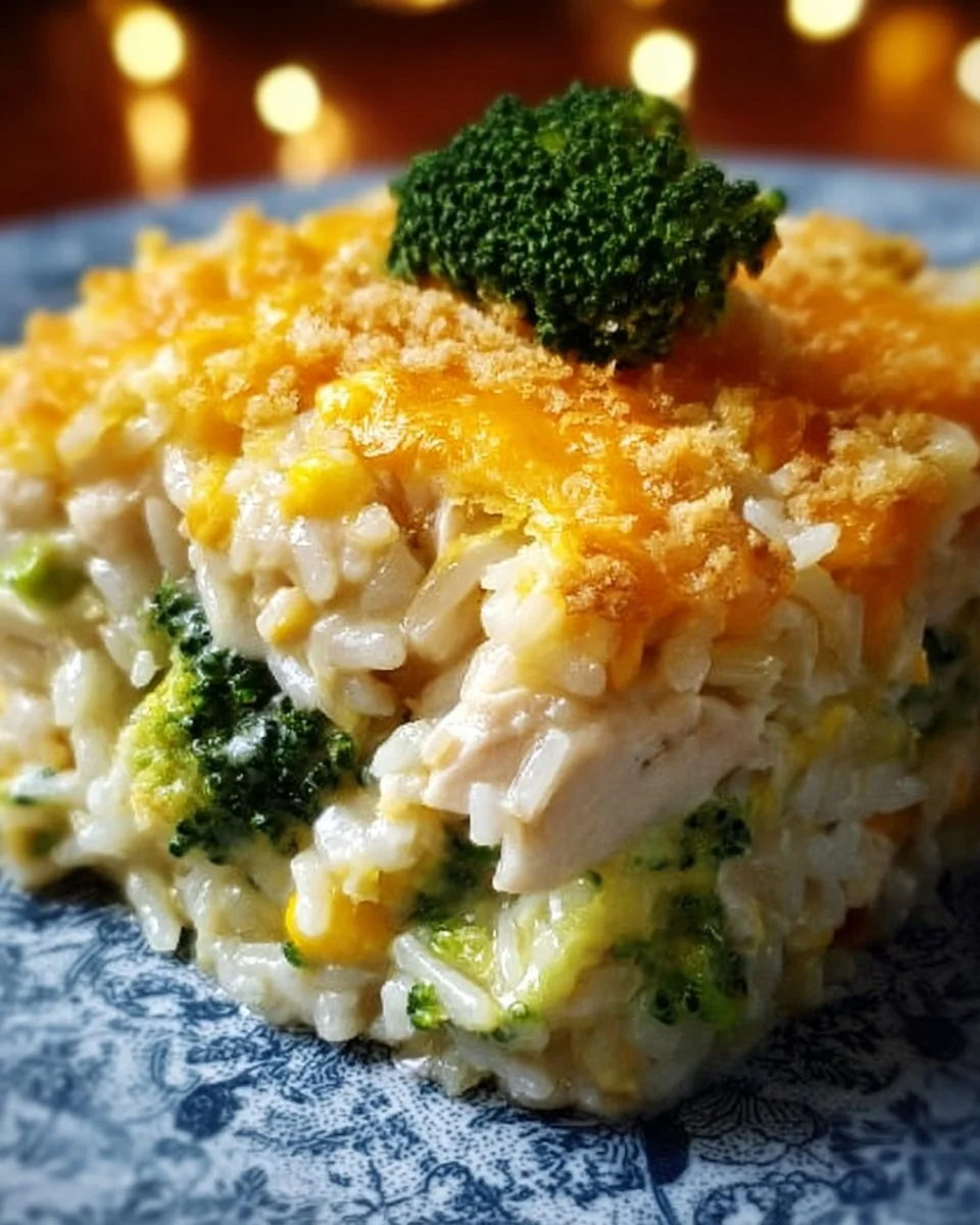 Easy chicken broccoli rice cheese casserole dish