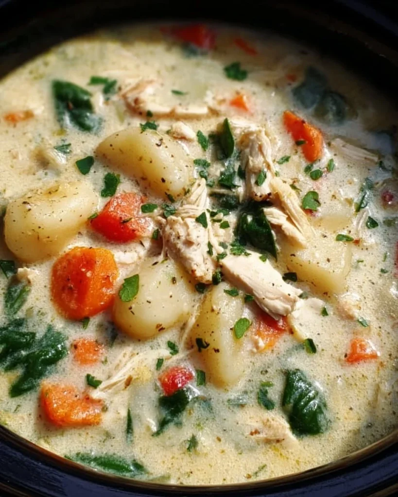 Bowl of easy chicken gnocchi soup made in a crockpot, garnished with herbs.