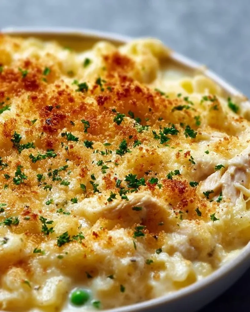 Delicious bowl of easy chicken pot pie pasta topped with herbs and cheese