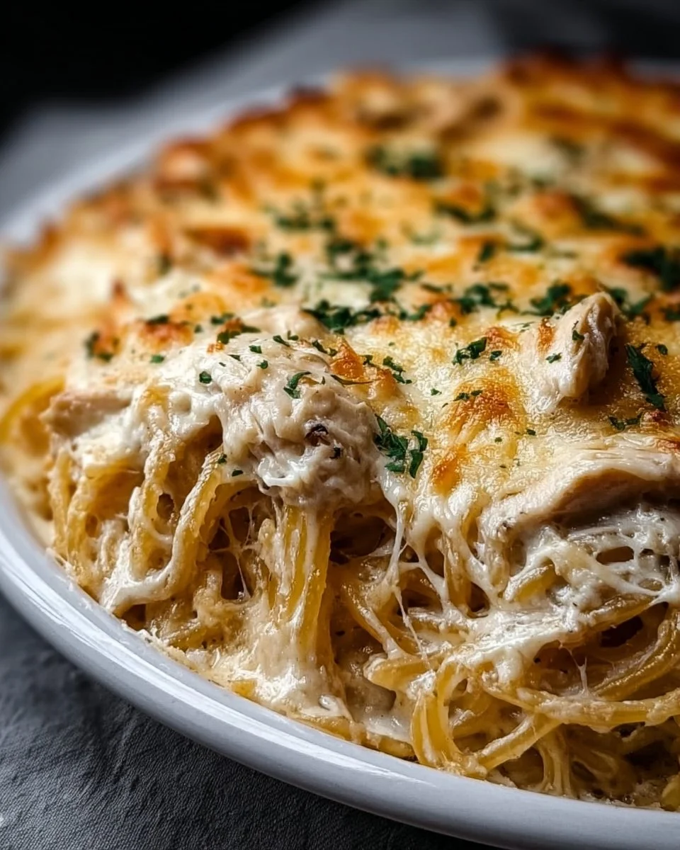 Delicious easy chicken tetrazzini served on a plate with garnishes