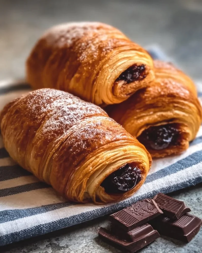 Easy chocolate croissants fresh out of the oven, flaky and delicious.
