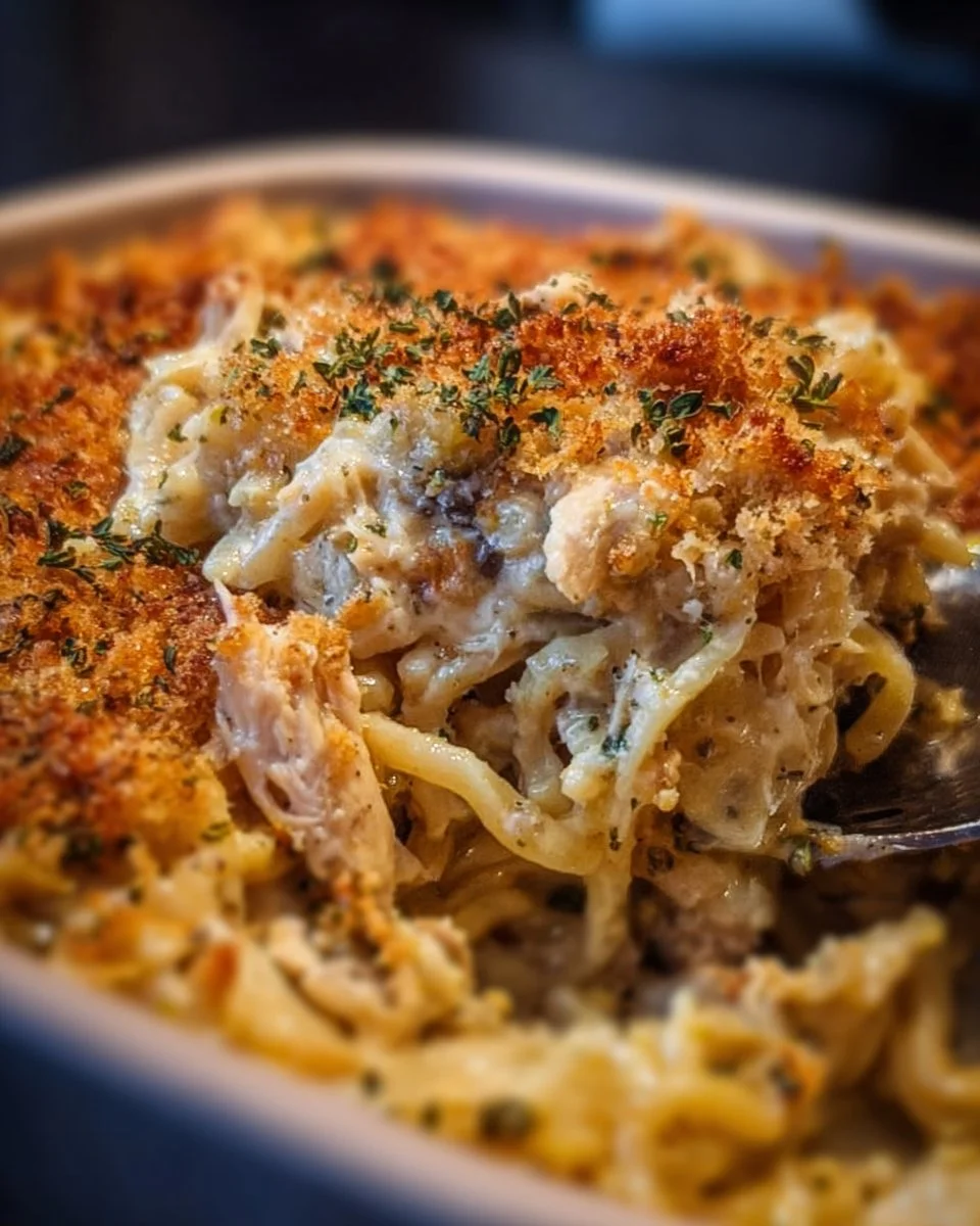 Creamy Chicken Tetrazzini casserole served in a baking dish