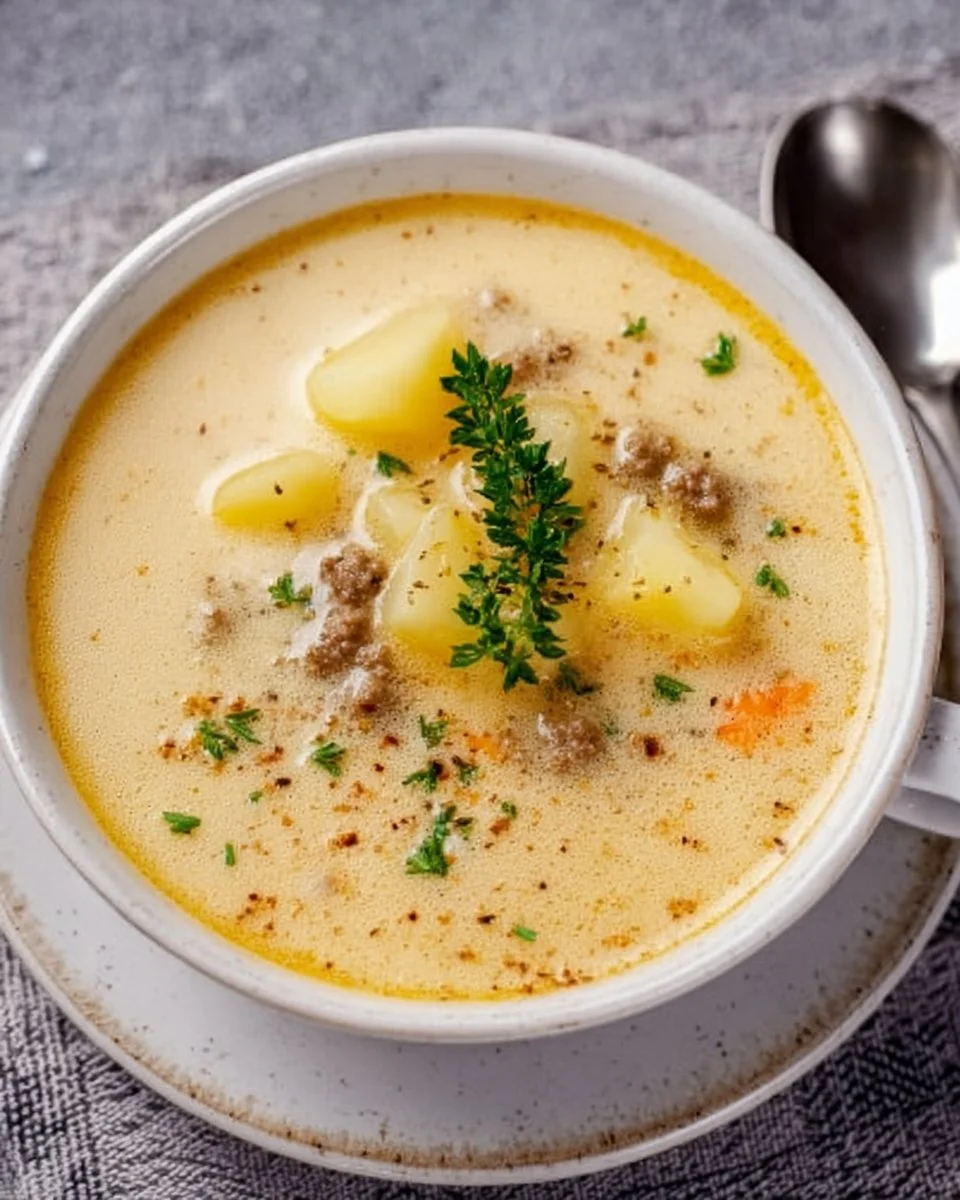 Bowl of easy creamy potato soup topped with chives and crispy bacon