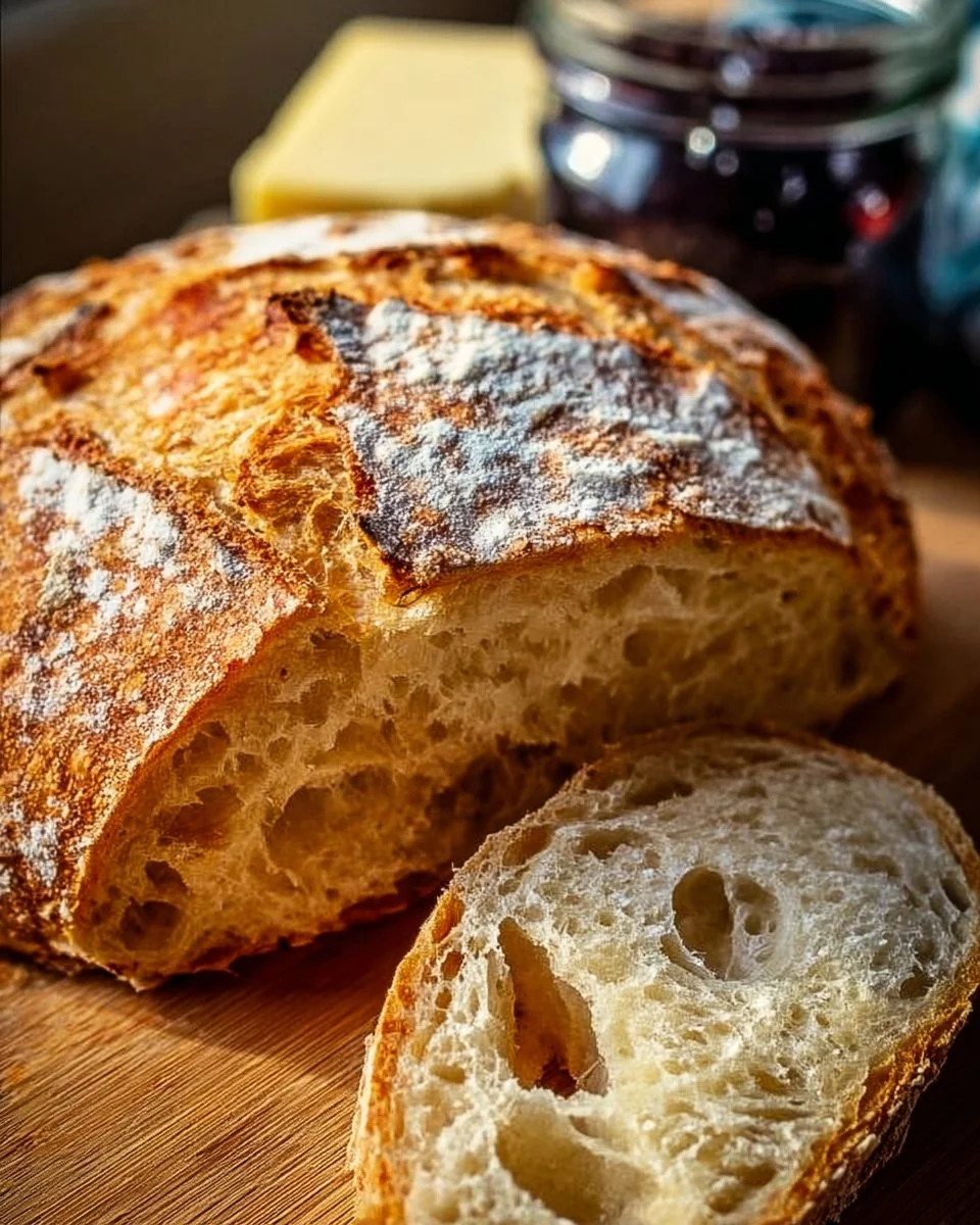 Freshly baked easy Dutch oven no knead bread on a wooden table.