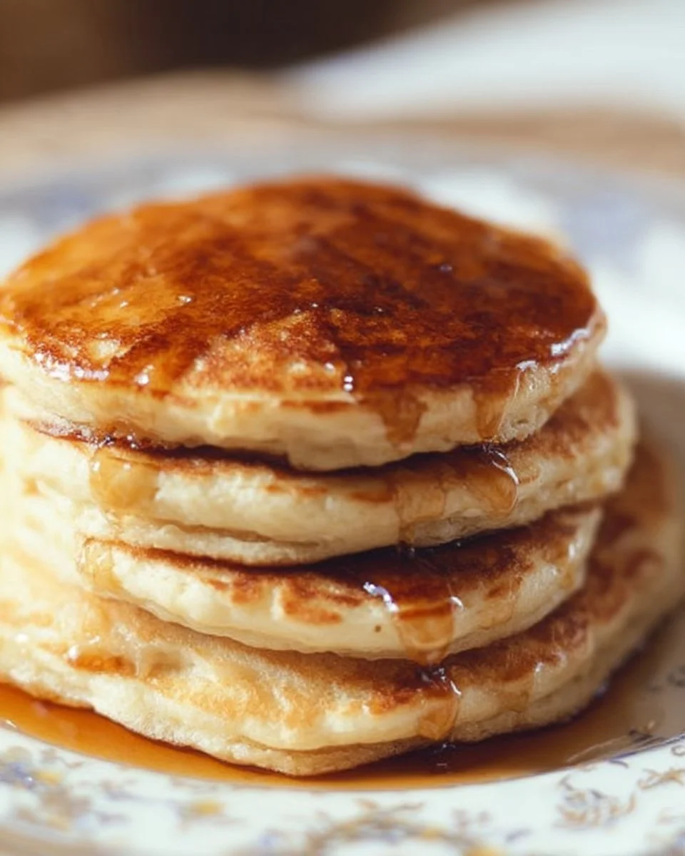 A stack of fluffy sourdough pancakes topped with syrup and berries