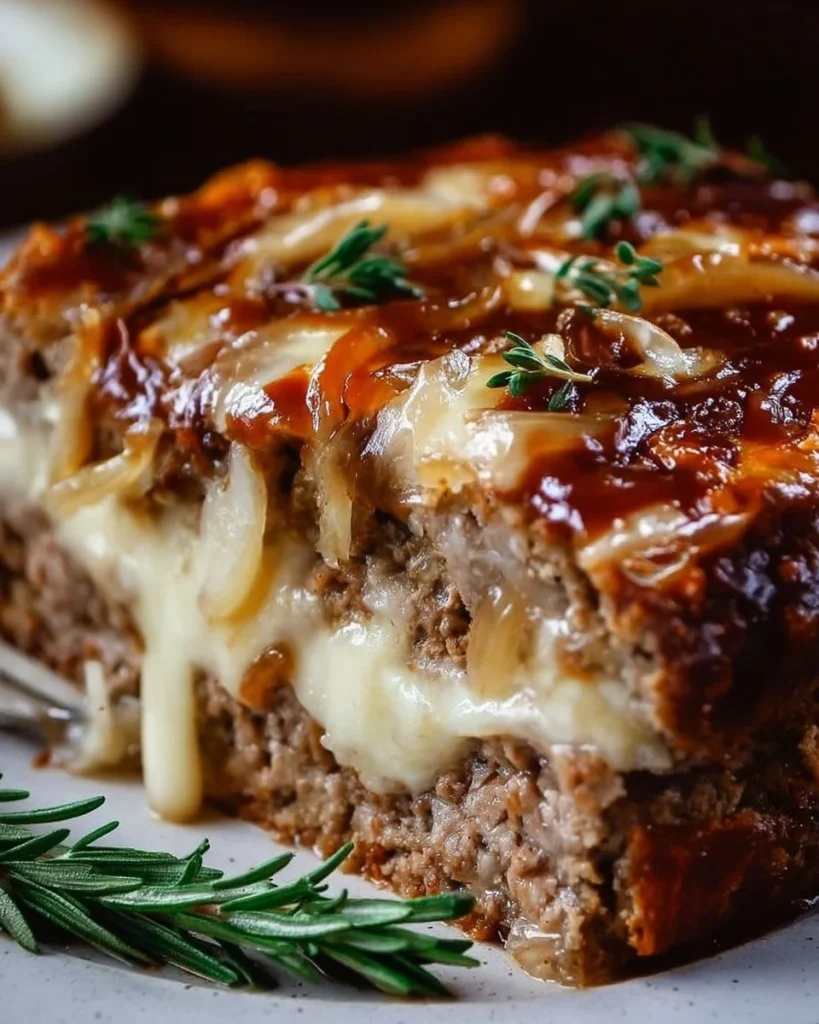 Delicious and easy French onion meatloaf served on a plate with garnishes.
