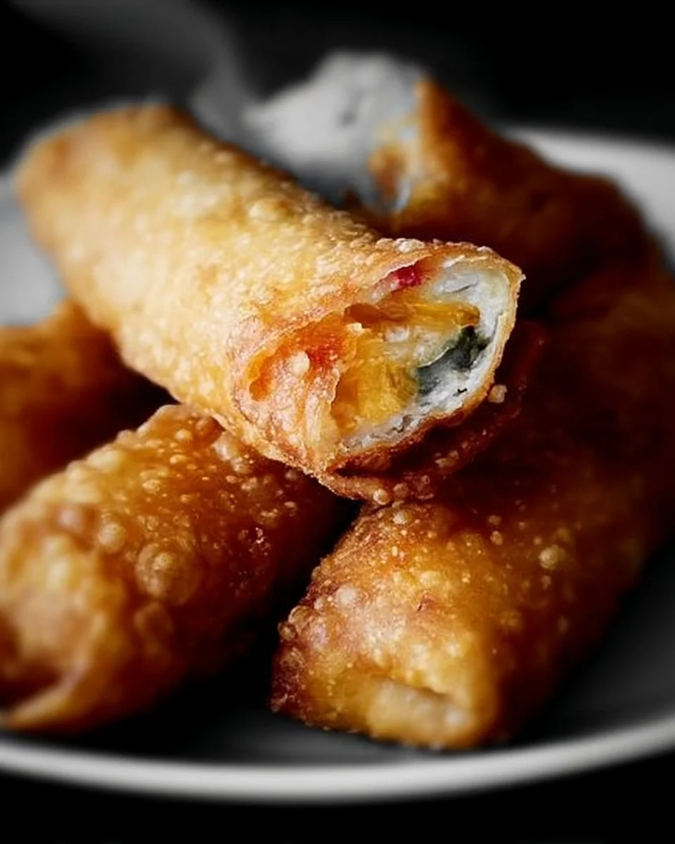 Delicious jalapeno popper egg rolls served on a plate with dipping sauce