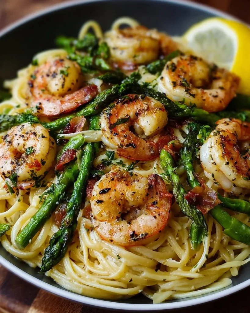 Delicious lemon asparagus pasta with grilled shrimp on a plate