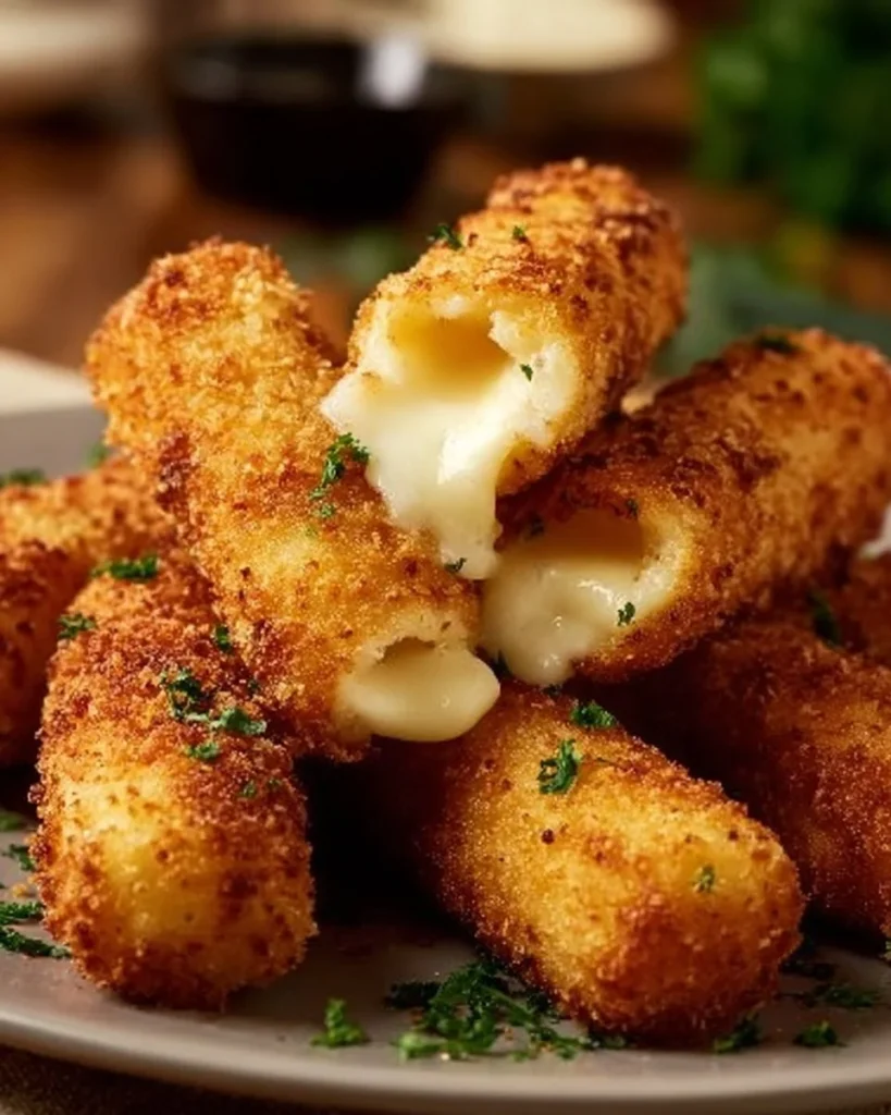 Plate of easy homemade mozzarella sticks served with marinara sauce