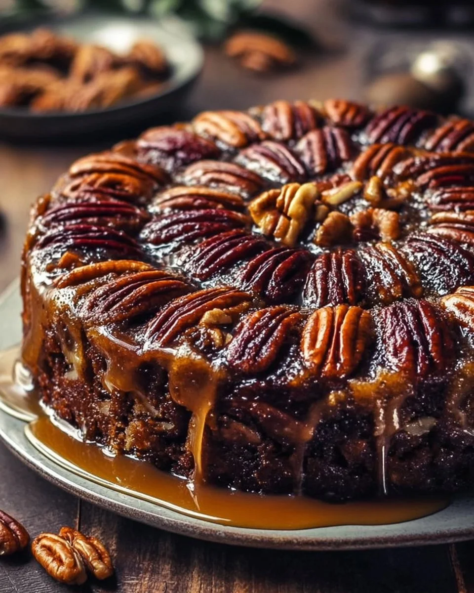 Delicious pecan upside down cake with caramelized pecans on top