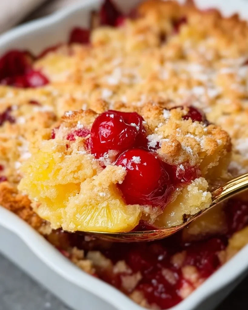 Easy Pineapple Cherry Dump Cake ready to serve