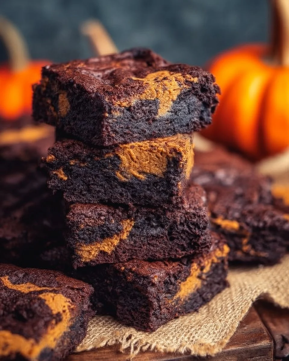 Delicious homemade easy pumpkin brownies on a rustic wooden table.