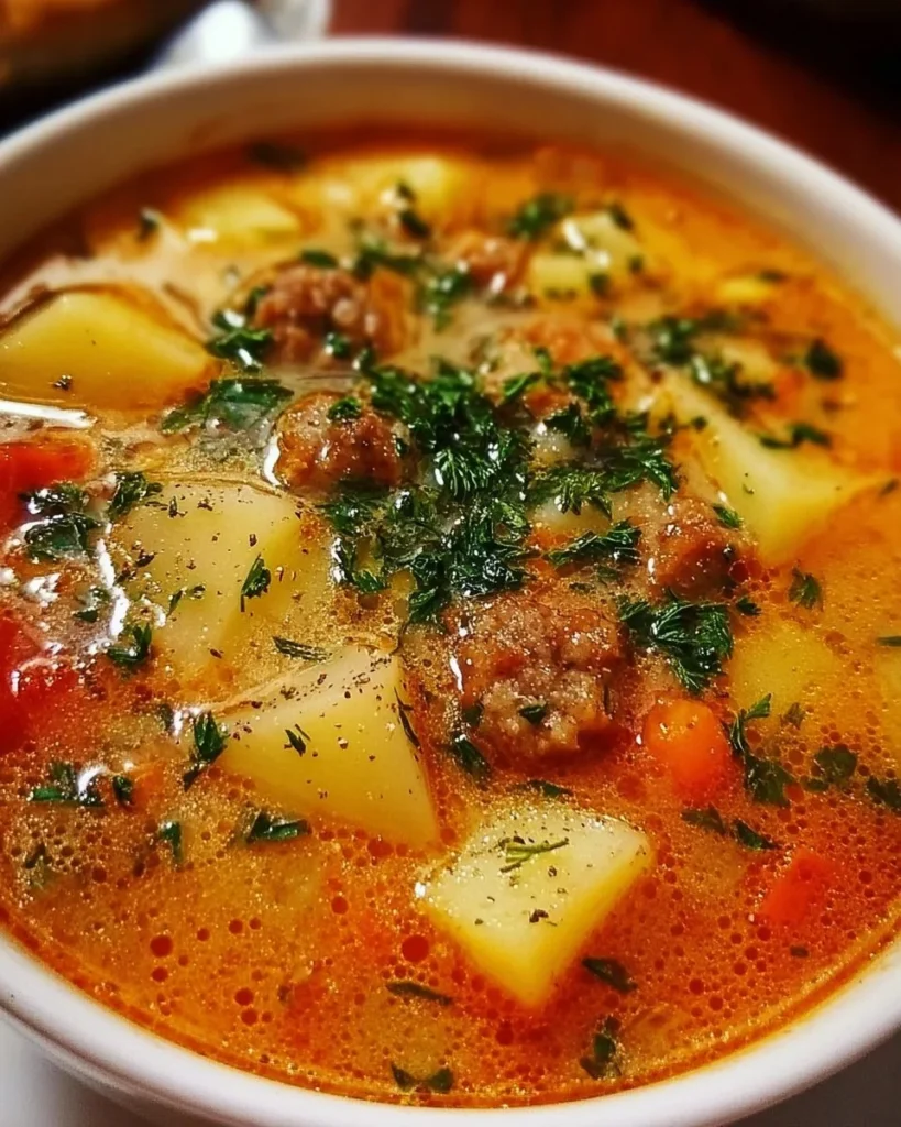 Bowl of easy sausage potato soup topped with herbs