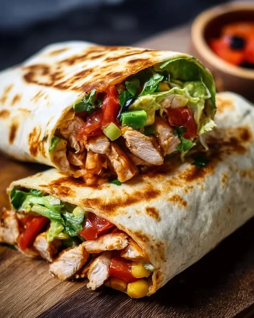 Easy Southwest Chicken Wrap filled with grilled chicken and fresh vegetables