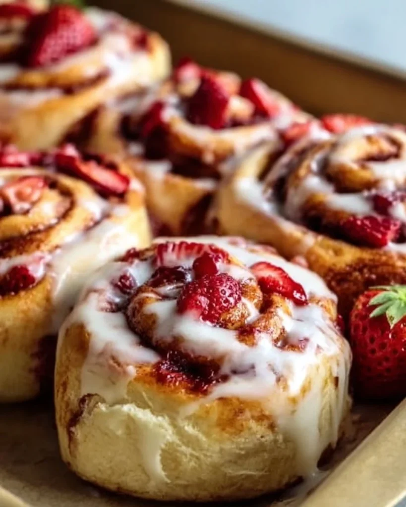 Freshly baked easy strawberry cinnamon rolls topped with icing