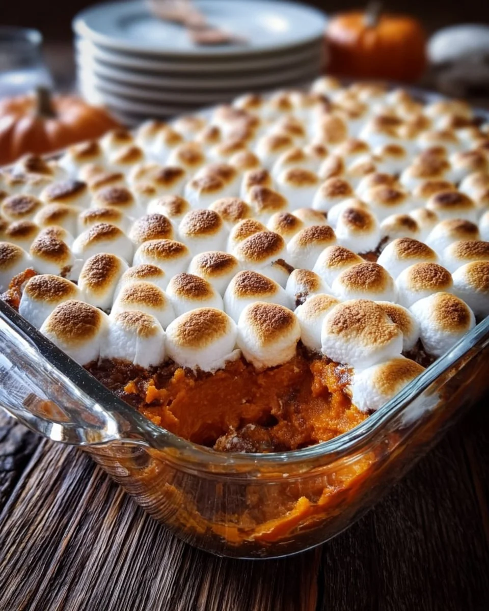 Easy sweet potato casserole topped with marshmallows, served in a baking dish.