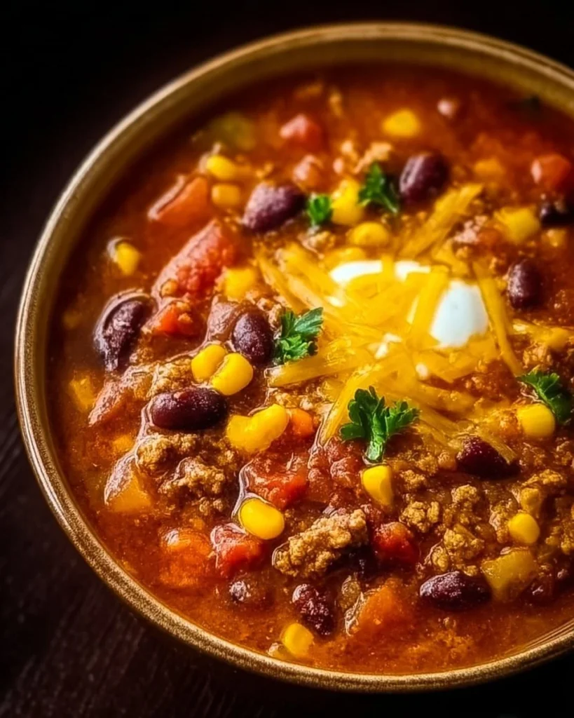 Bowl of easy taco soup topped with cheese and cilantro