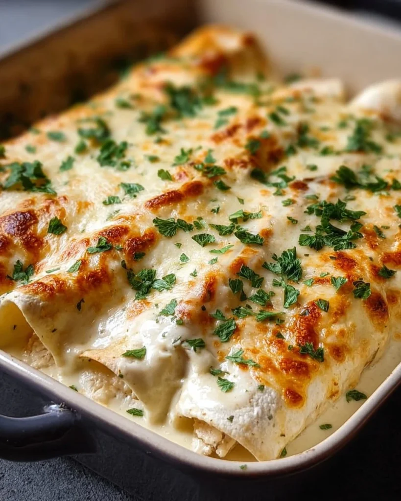 Delicious white chicken enchiladas topped with creamy white sauce
