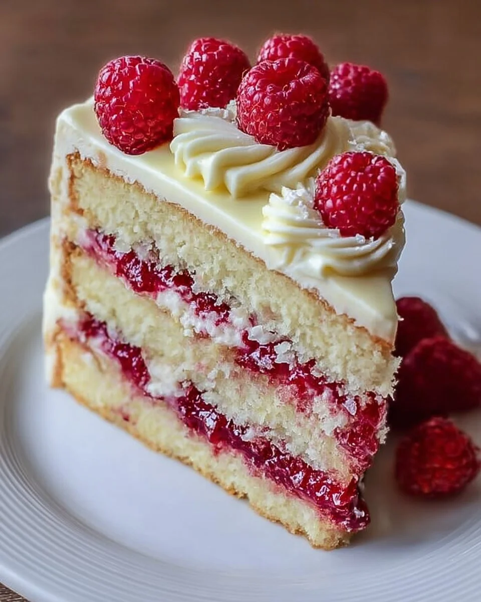 Easy white chocolate raspberry cake with fresh raspberries and white chocolate frosting.