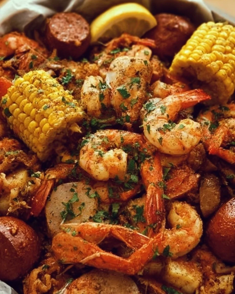 Flavorful Cajun garlic seafood boil in a pot with shrimp, crawfish, and spices